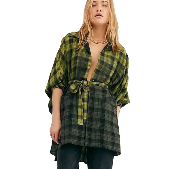 Free People / WE THE FREE You Wish XS Black Plaid Ombre Slouchy Dress | Jacket - Picture 6 of 7